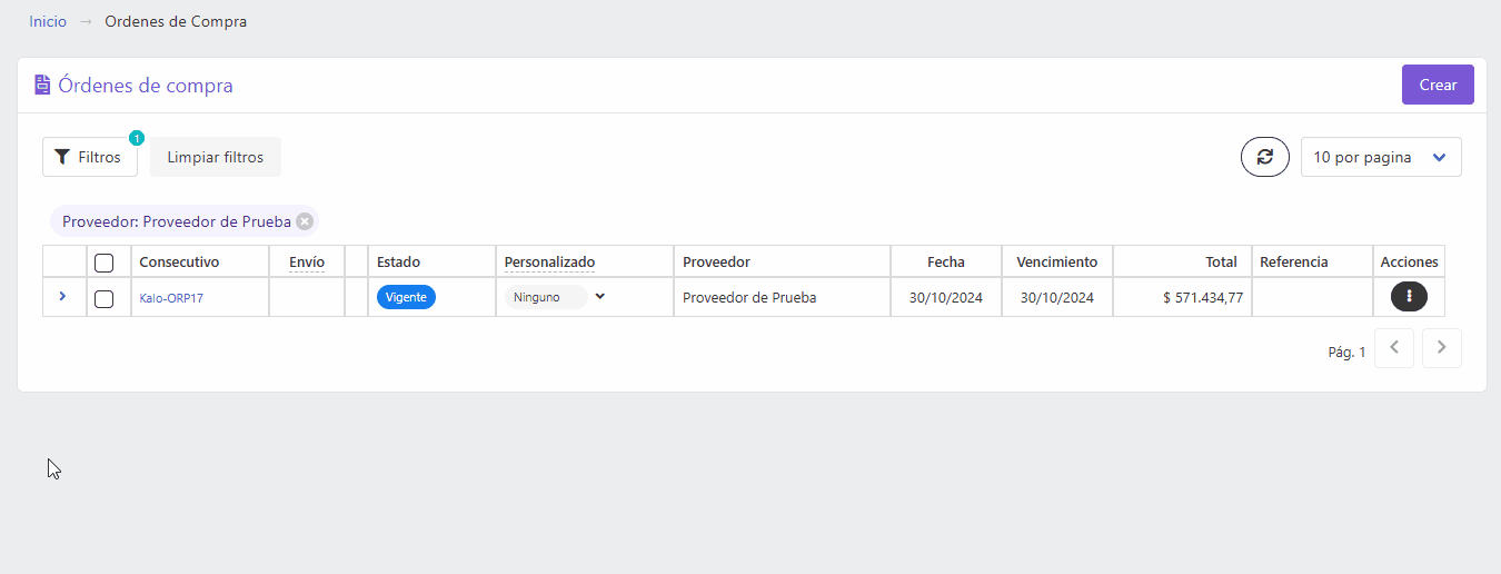 Opciones de la orden de compra