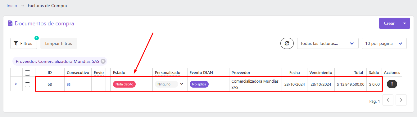 Estado nota débito en factura