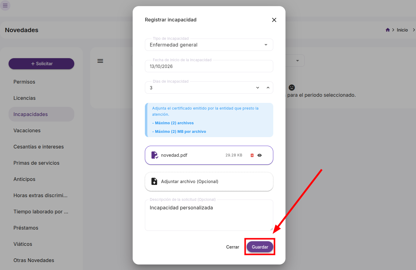 Formulario Registrar incapacidad con campos de adjuntar archivo y descripción de la solicitud