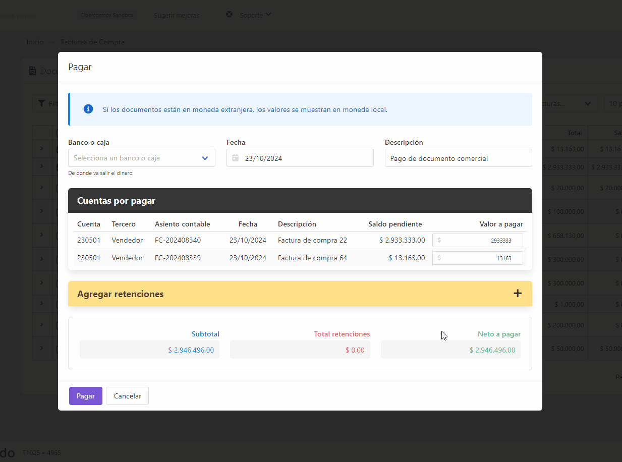 Registrar pago de factura