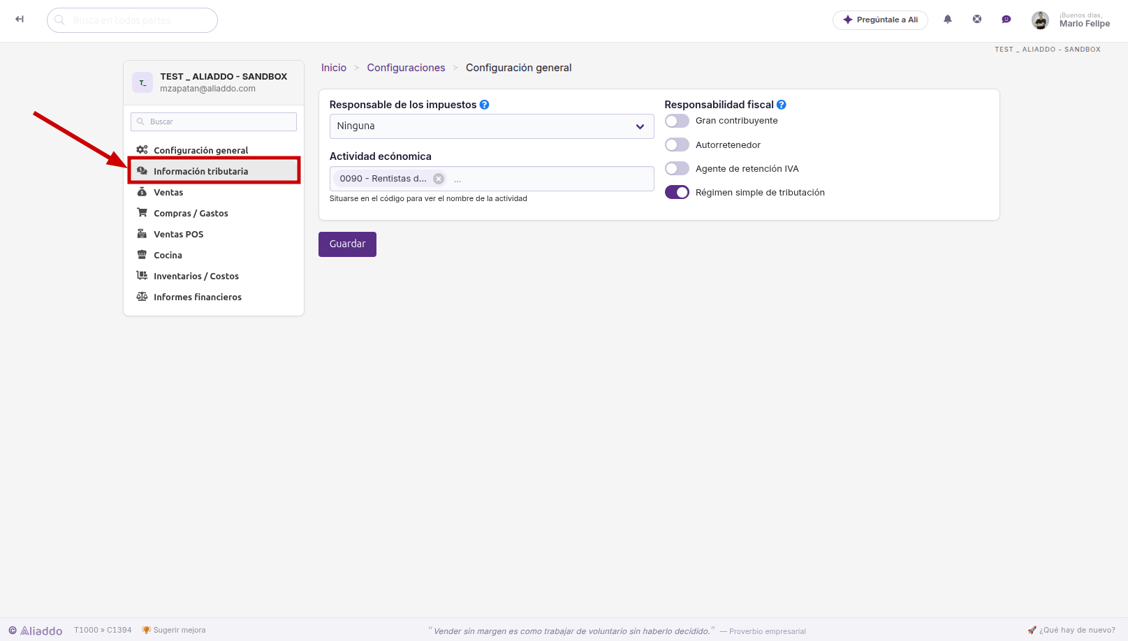 Pestaña Información tributaria en Configuración general