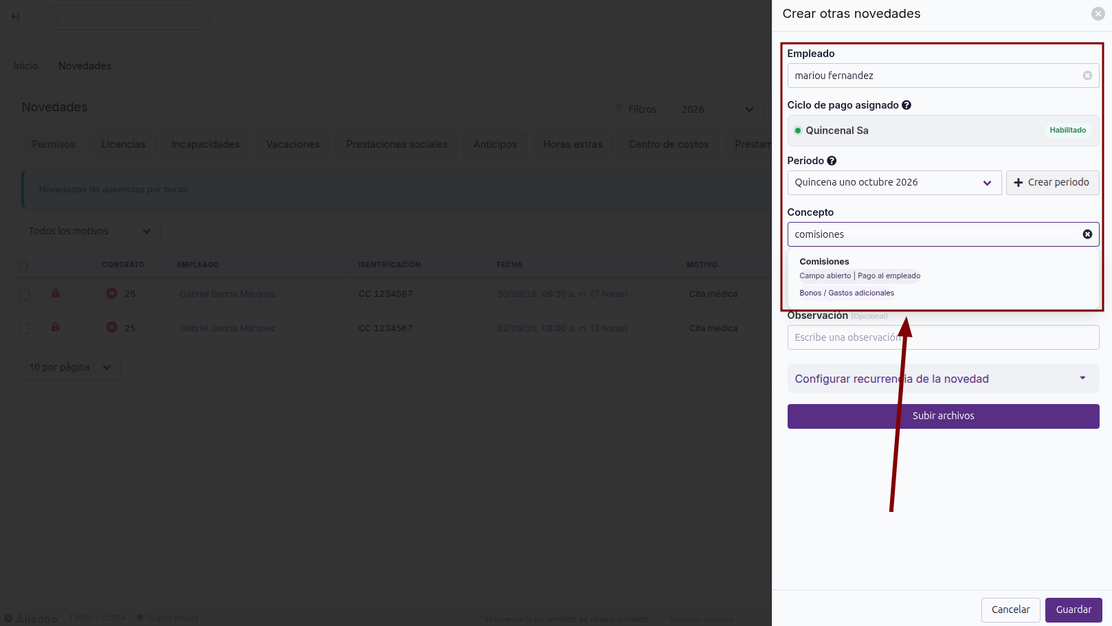 Buscador de Concepto mostrando Comisiones