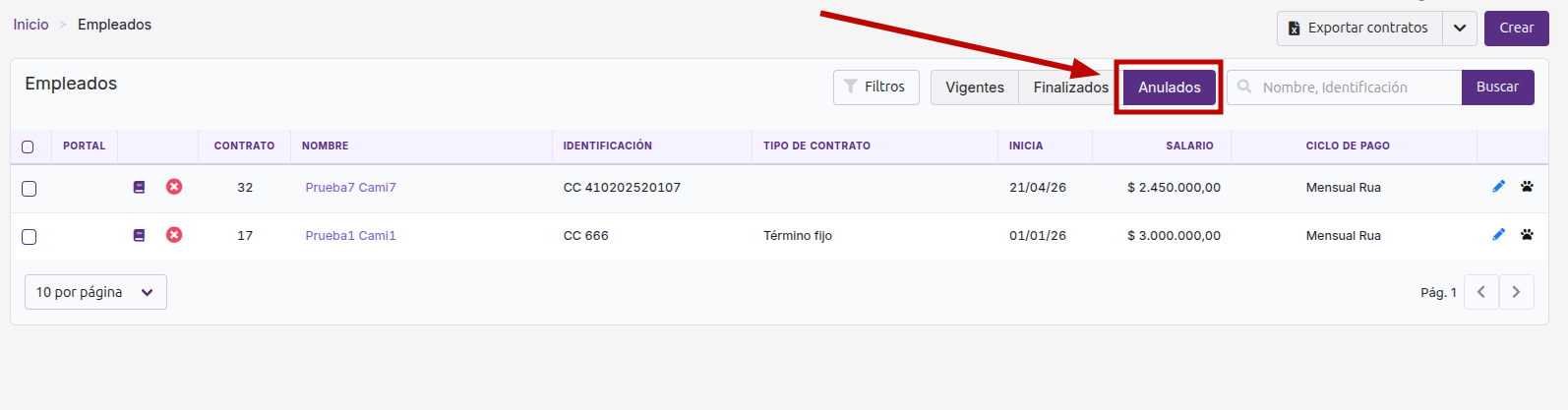 Pestaña Anulados con un contrato anulado