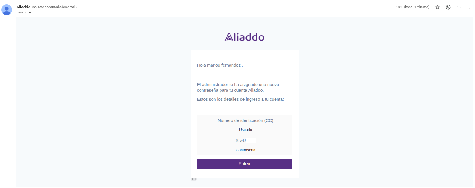 Correo con las nuevas credenciales de acceso al portal