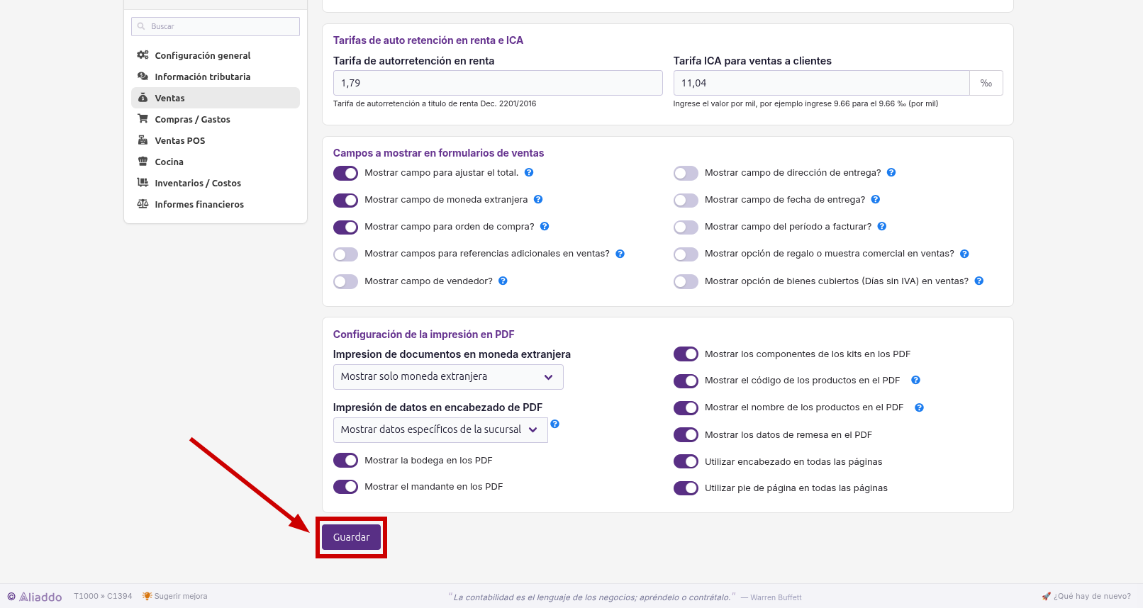 Botón Guardar en Configuración general de ventas