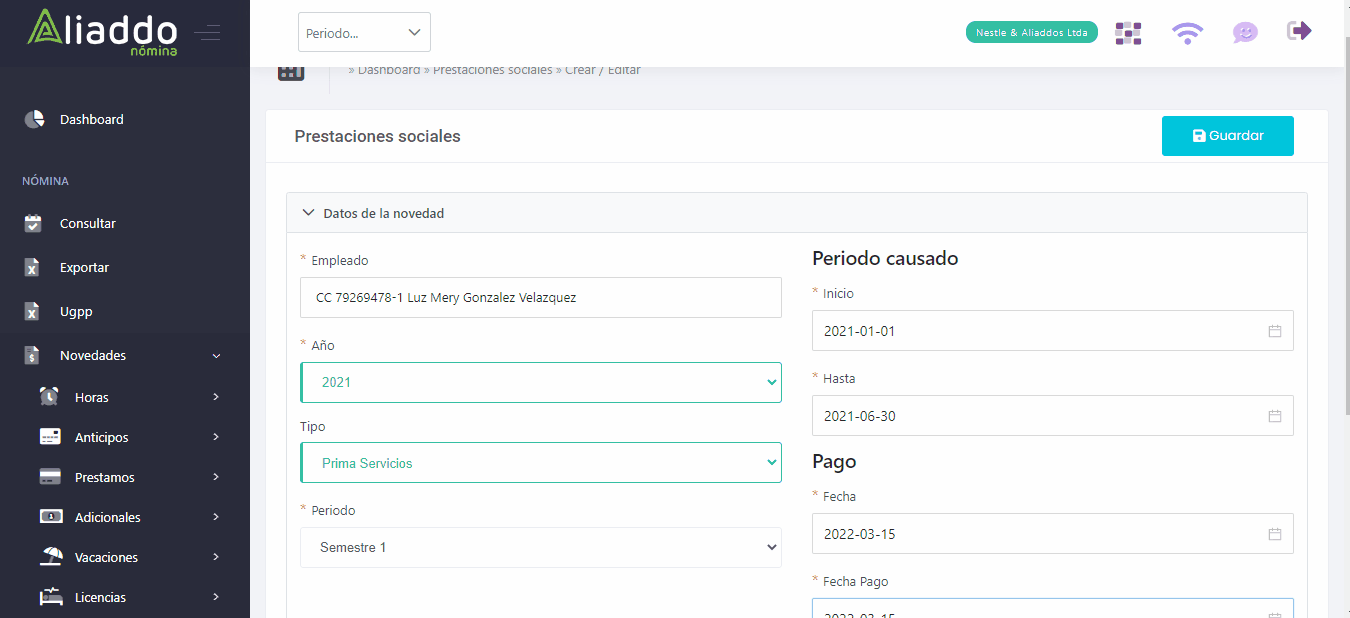 Guardar novedad de prestación social
