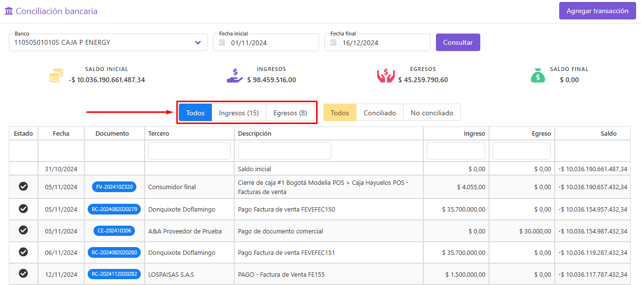 Filtros por tipo de movimiento