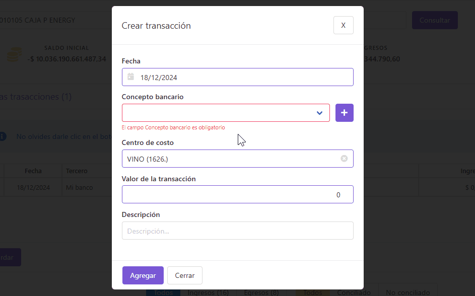 Crear concepto bancario desde transacción