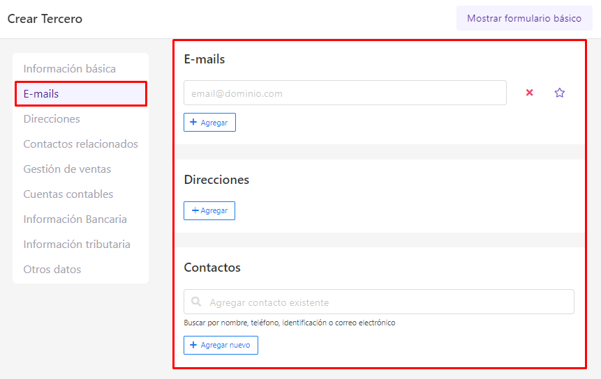 Emails y direcciones del proveedor