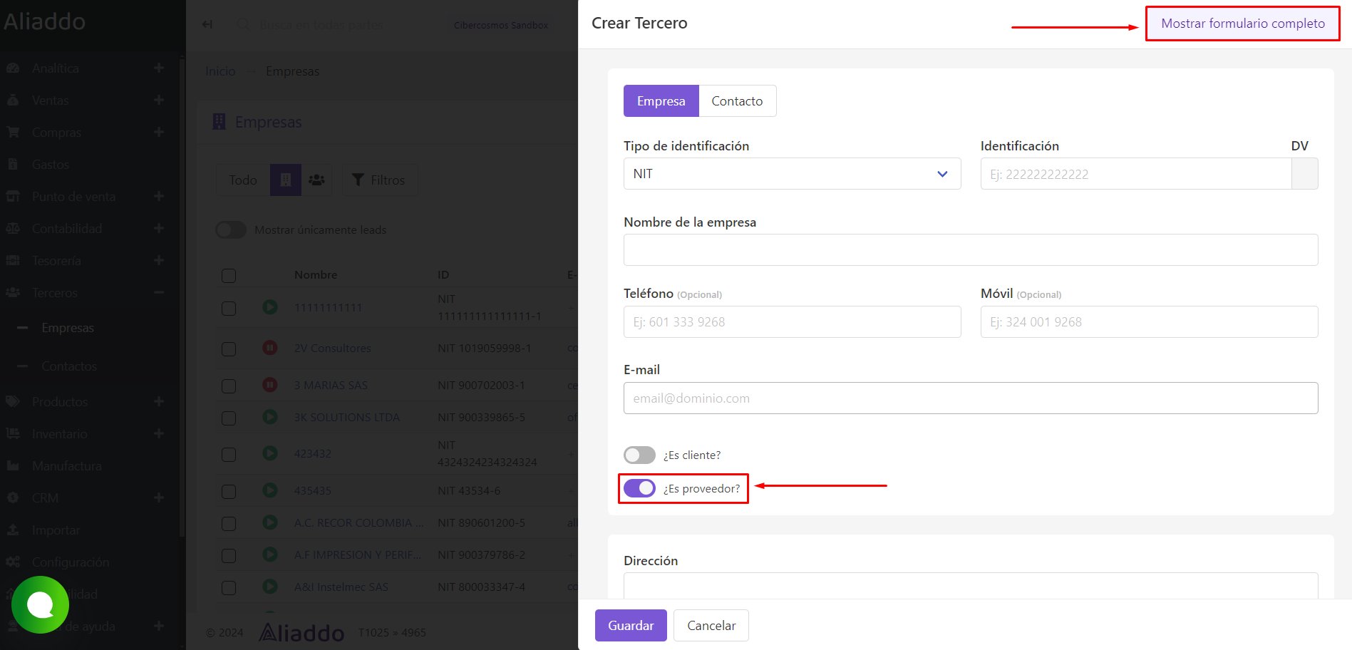 Formulario crear proveedor