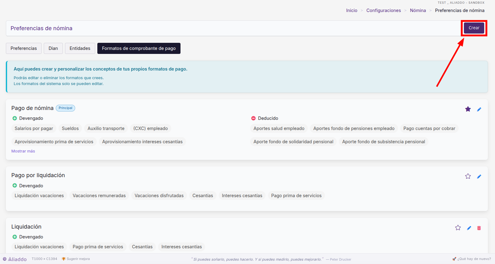 Botón Crear en Formatos de comprobante de pago