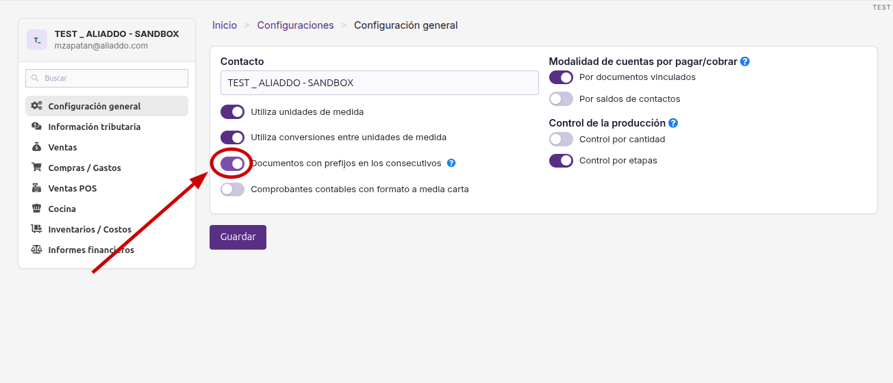 Interruptor activado con tooltip de ayuda