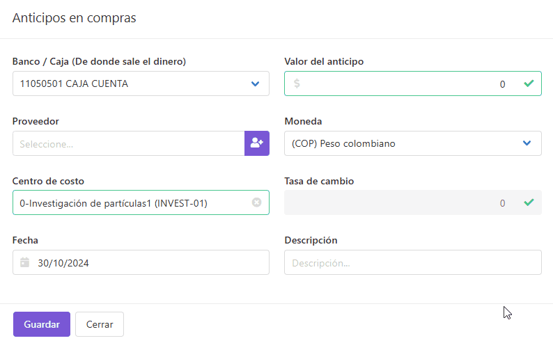 Completar datos del anticipo