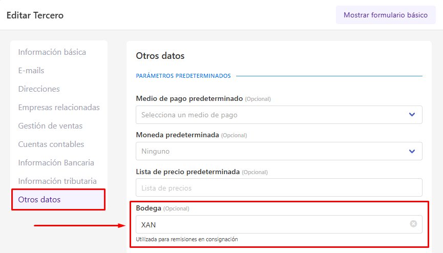 Configuración de bodega en proveedor