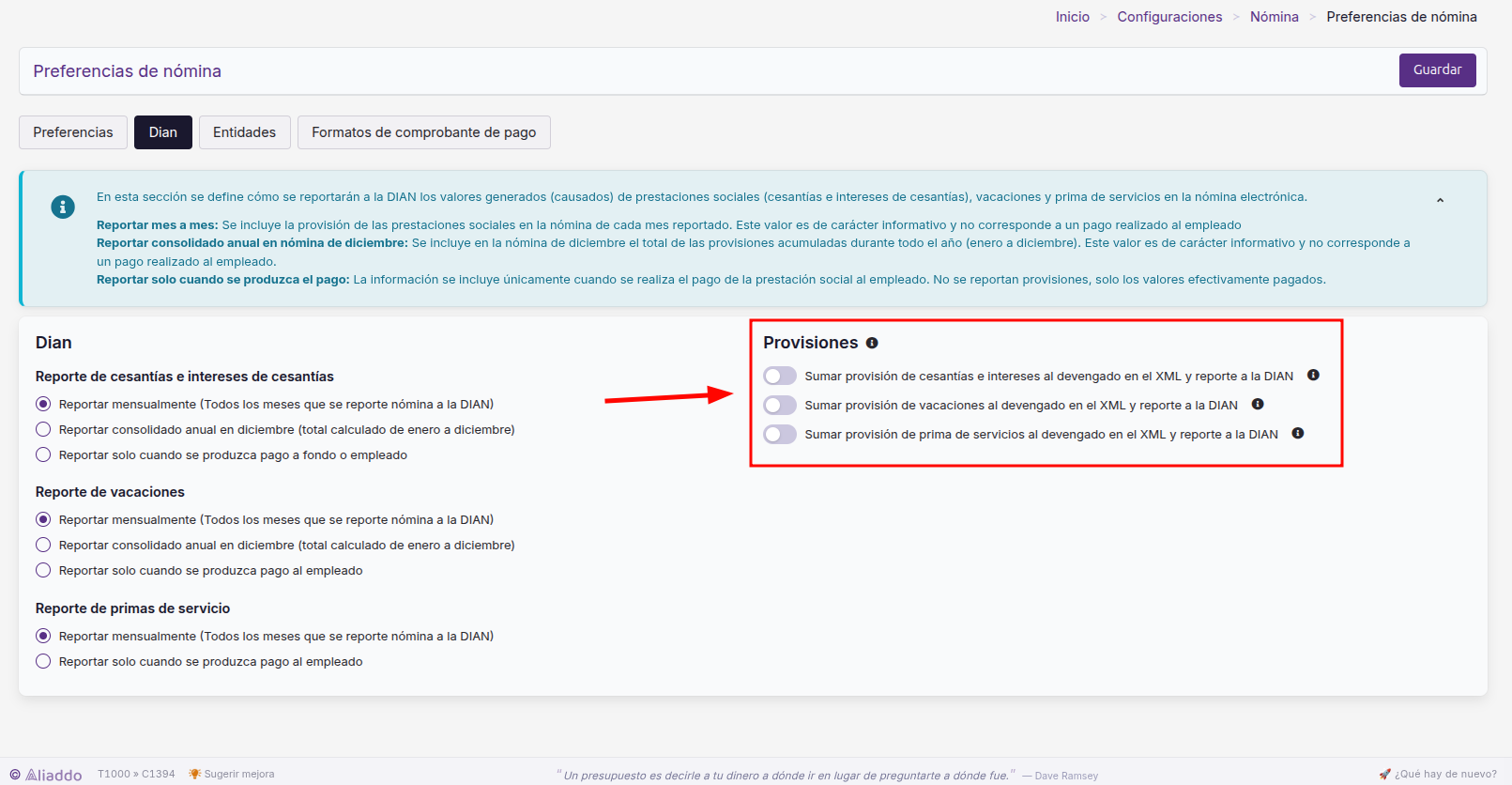 Interruptores del bloque Provisiones