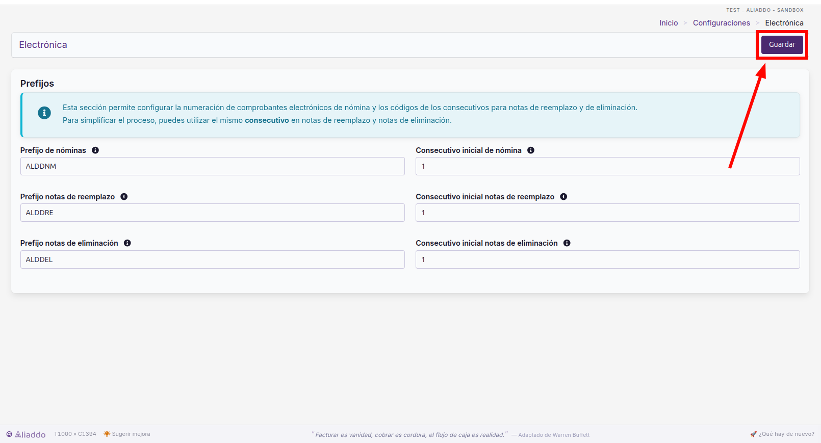 Botón Guardar en la configuración de Electrónica