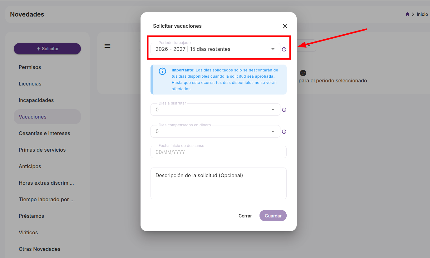 Selector de período trabajado con los días restantes de cada período