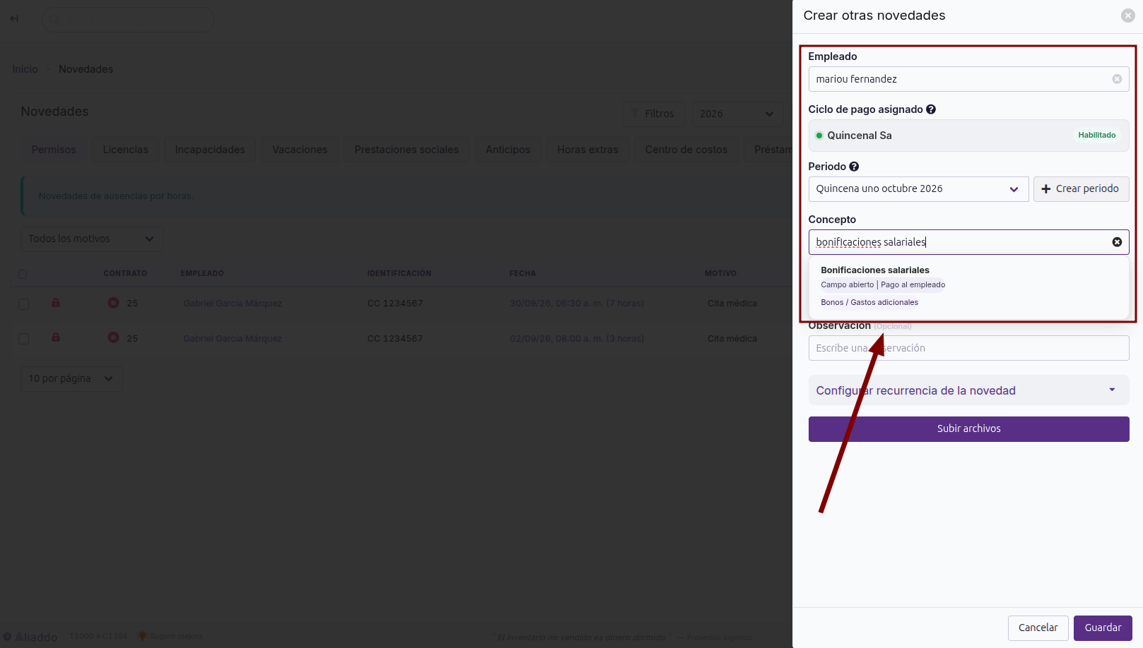 Buscador de Concepto mostrando Bonificaciones salariales