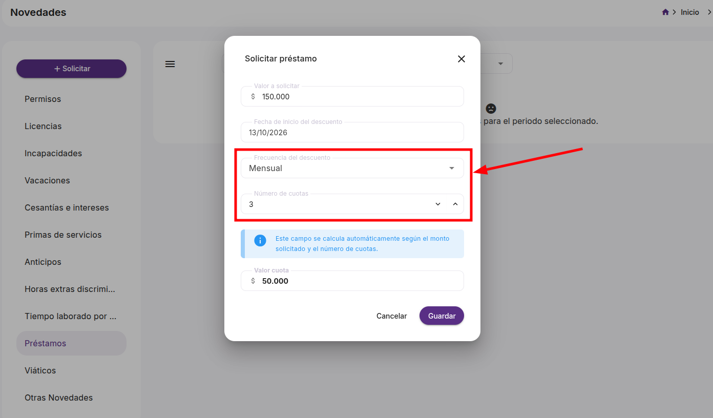 Selector de frecuencia del descuento desplegado con las opciones Mensual y Quincenal