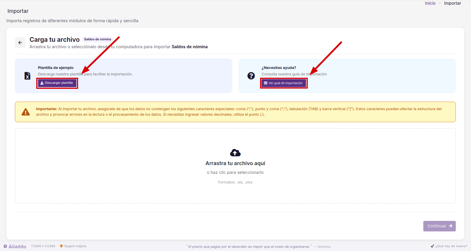 Pantalla Carga tu archivo para saldos de nómina con los botones Descargar plantilla y Ver guía de importación