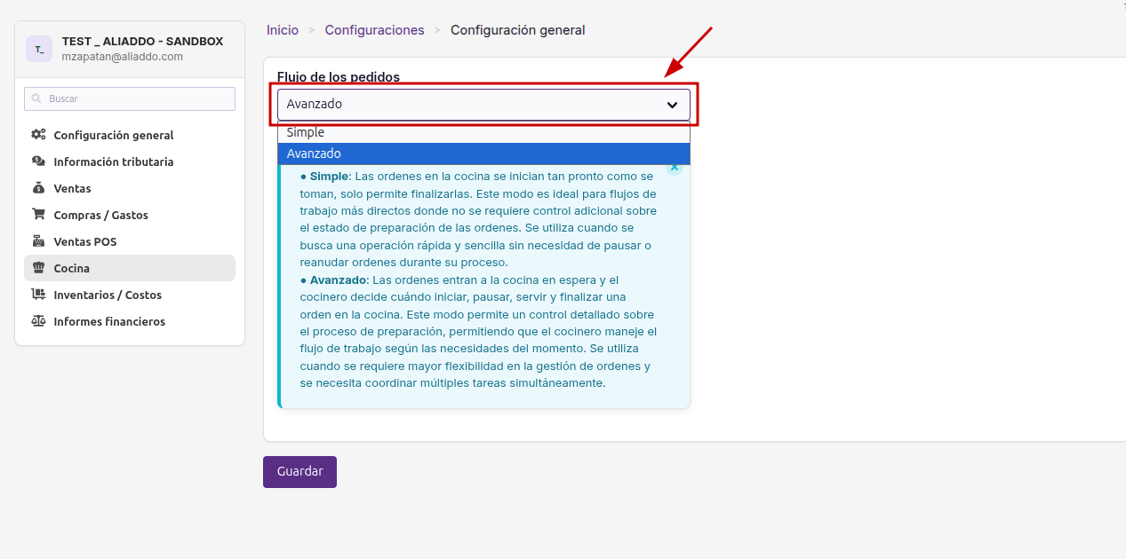 Opciones Simple y Avanzado del flujo de pedidos