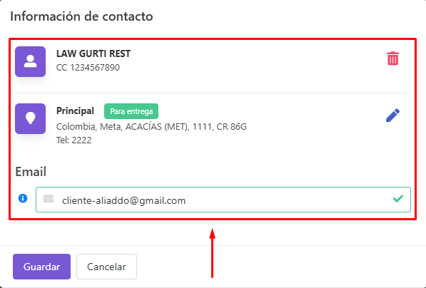 Información de contacto para recogida