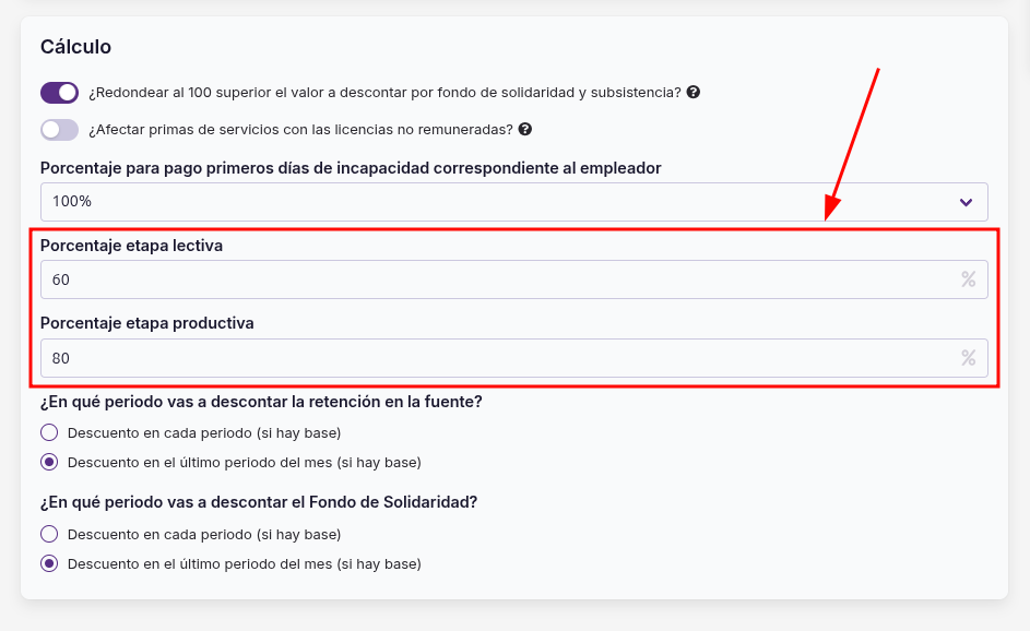 Sección Cálculo de las preferencias de nómina