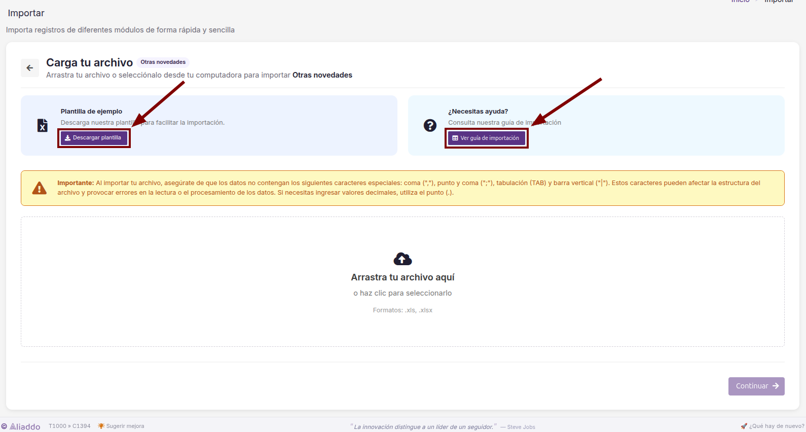 Pantalla Carga tu archivo para otras novedades con los botones Descargar plantilla y Ver guía de importación