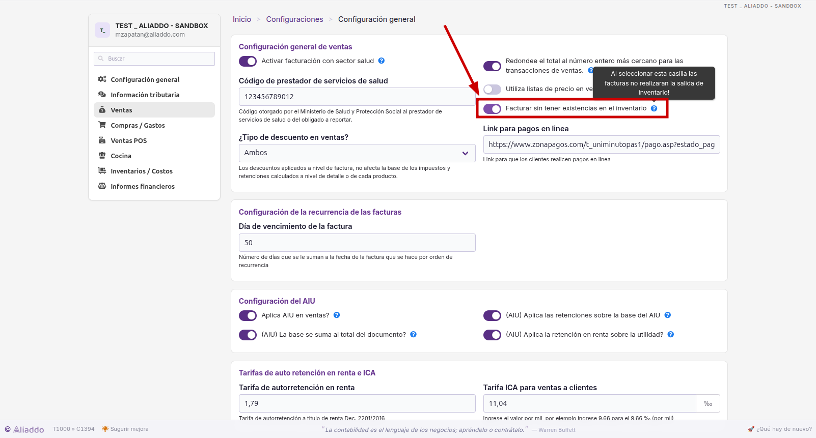 Activar facturar sin existencias en el inventario