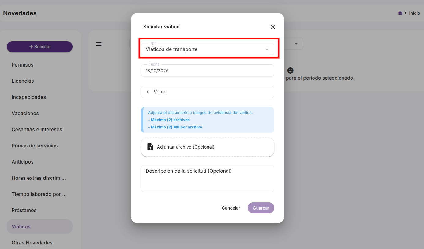 Selector de tipo de viático desplegado con las opciones disponibles