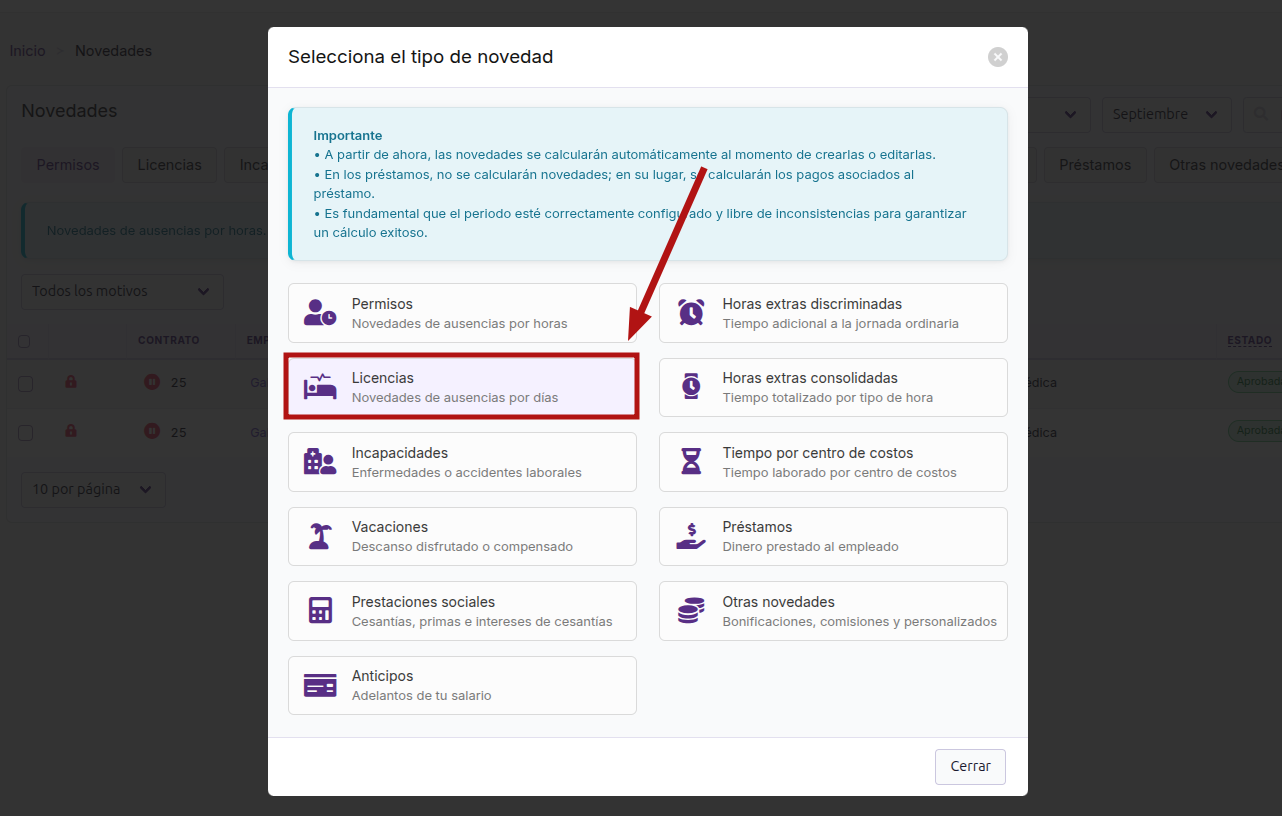 Ventana Selecciona el tipo de novedad con la tarjeta Licencias