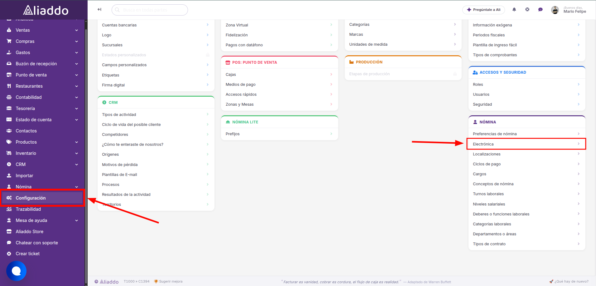 Acceso a Electrónica en la configuración de Nómina